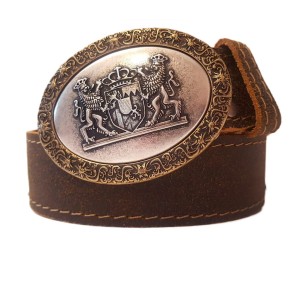 Trouser belt with a crest