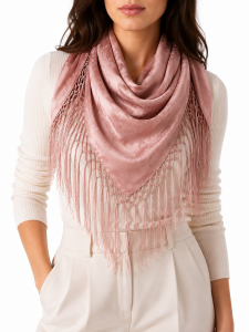 Chusta jedwabna z frędzlami dusty pink
